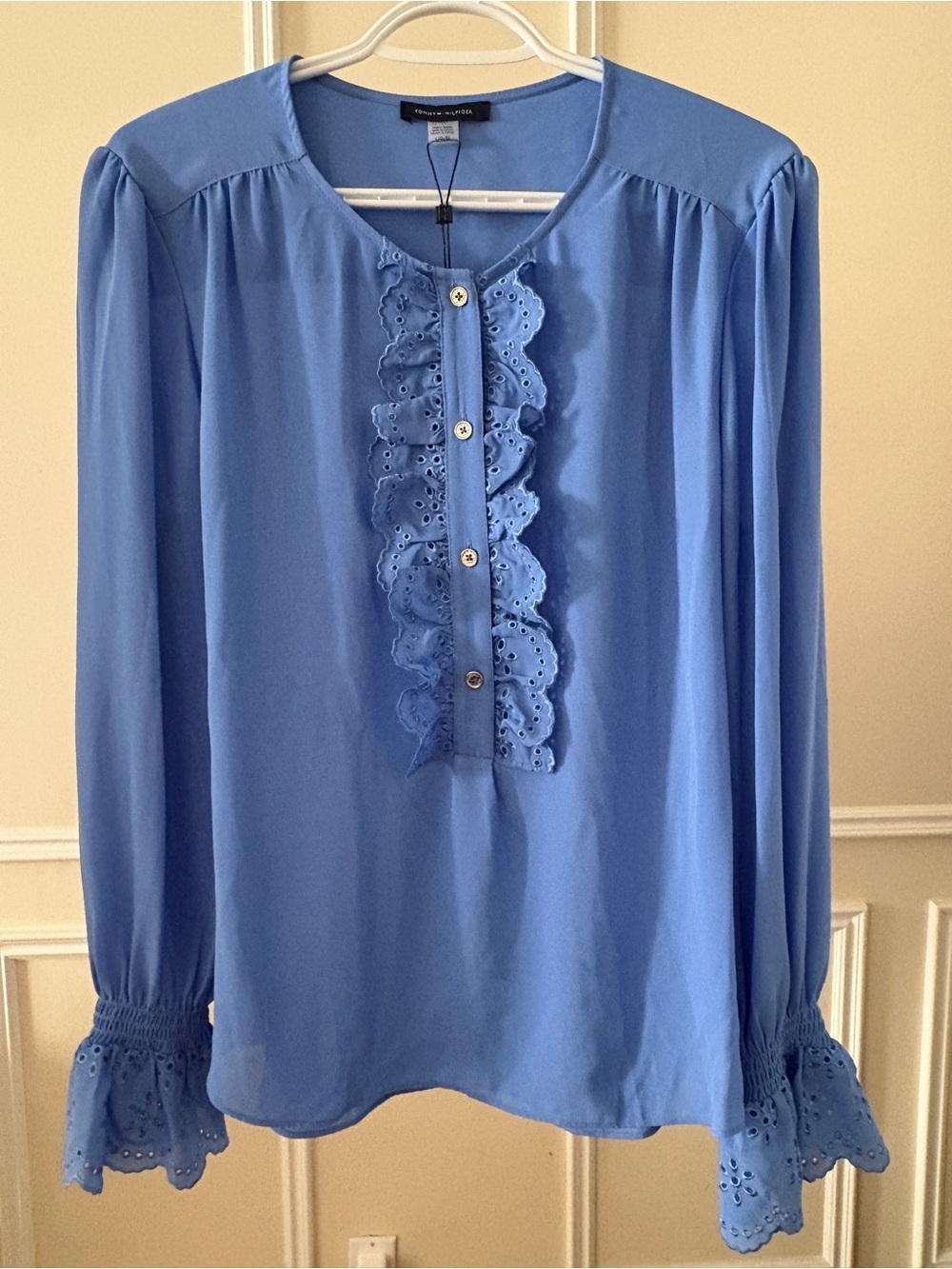 Tommy Hilfiger Blue Eyelet Ruffle Button-Front Blouse